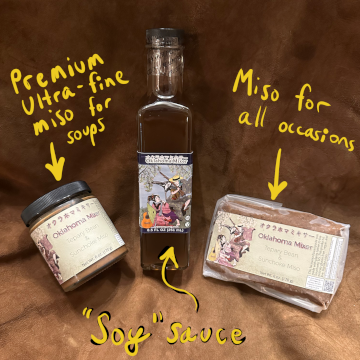 Pictures of the bottle of sauce and jar or packet the paste comes in. Hand drawn notes say that one miso is premium and ultra-fine for soup, the other is for all occasions.