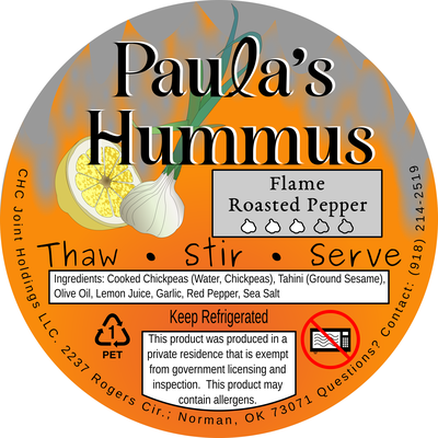 Label of Paula's Hummus Flame Roasted Pepper
