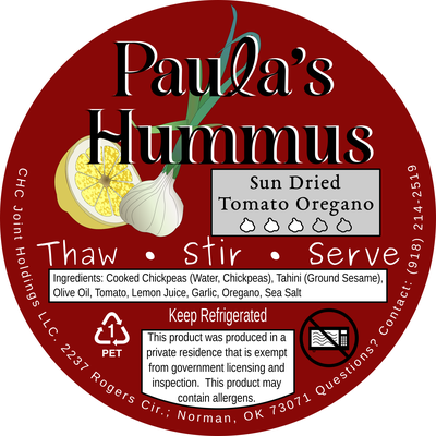 Label of Paula's Hummas Sundried Tomato and Oregano